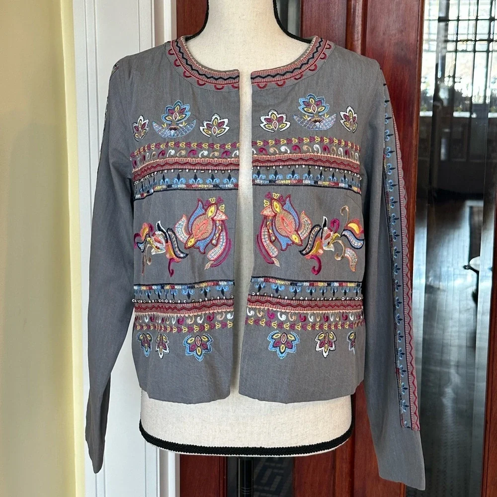 Laurie Felt | Gray Cotton Boho-Chic Embroidered Jacket, Size S
